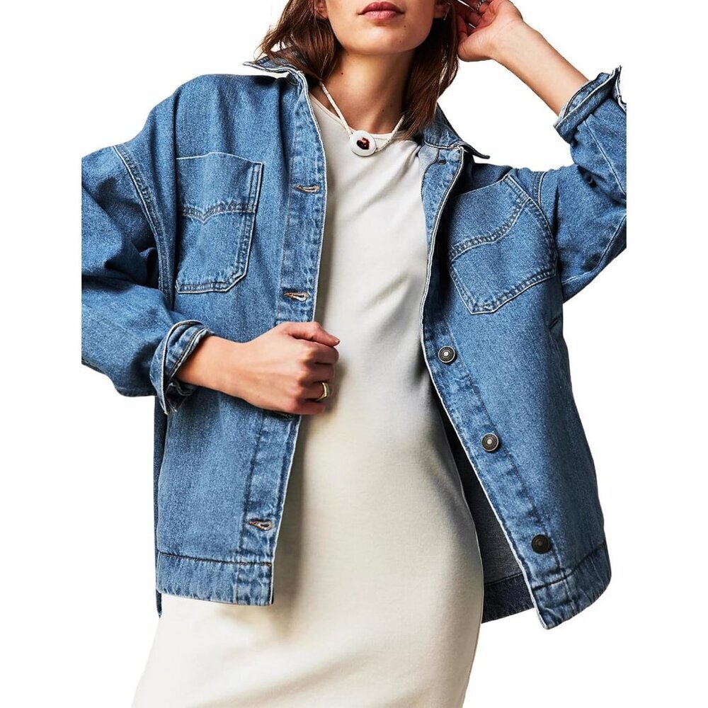 Women Jean Jacket Oversized Shacket Denim Jacket Button Down Boyfriend Blue